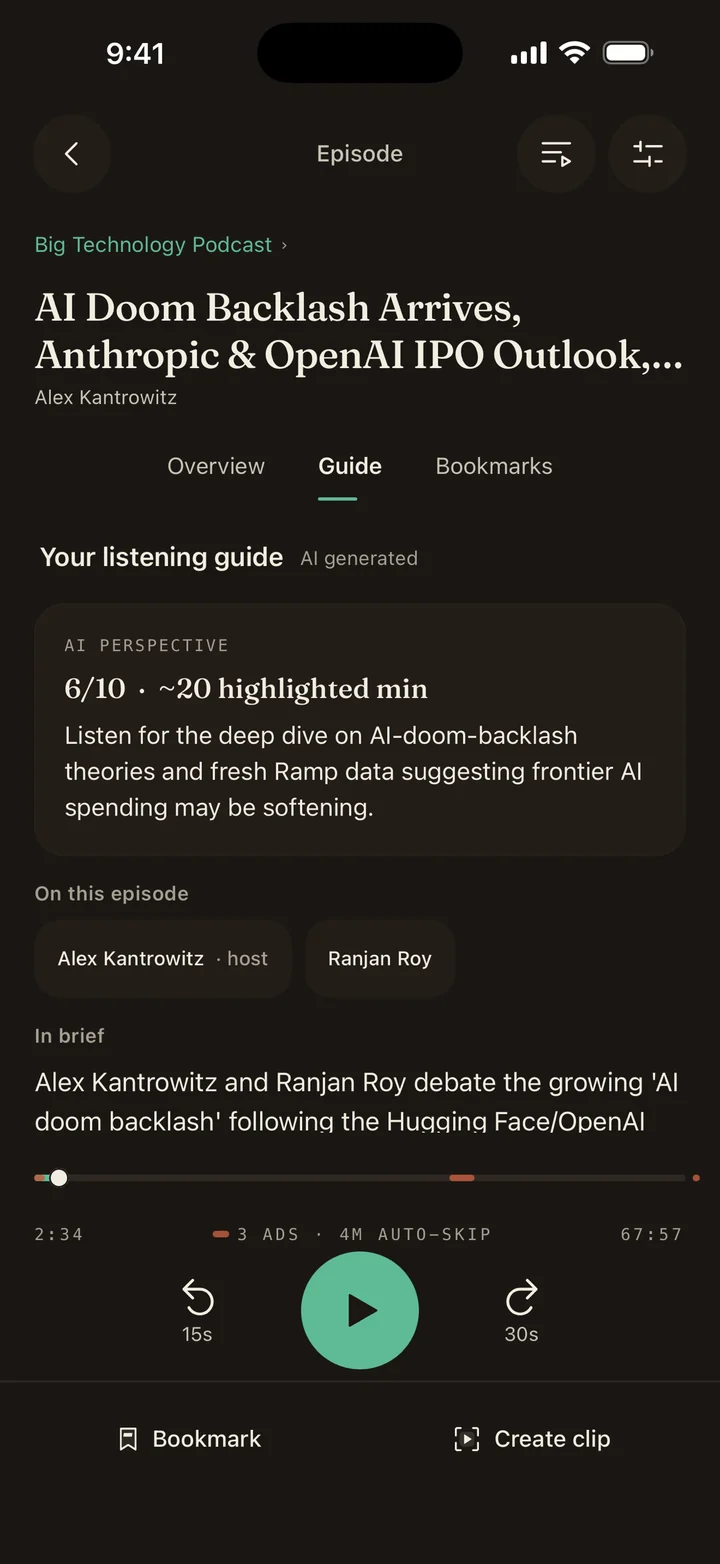 Annotated for iPhone showing a listening guide and player with detected ads and auto-skip enabled