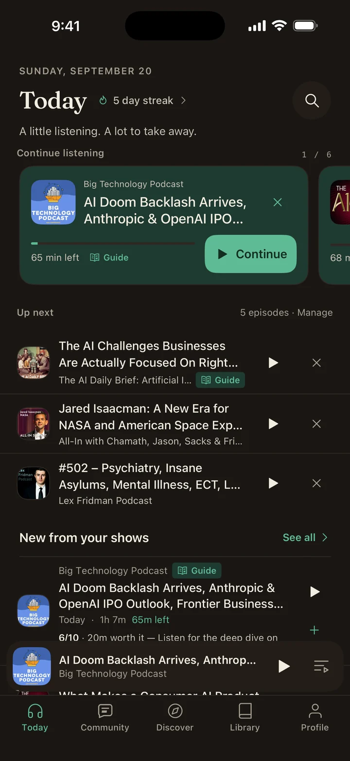 Annotated for iPhone showing the listening queue and recent episodes