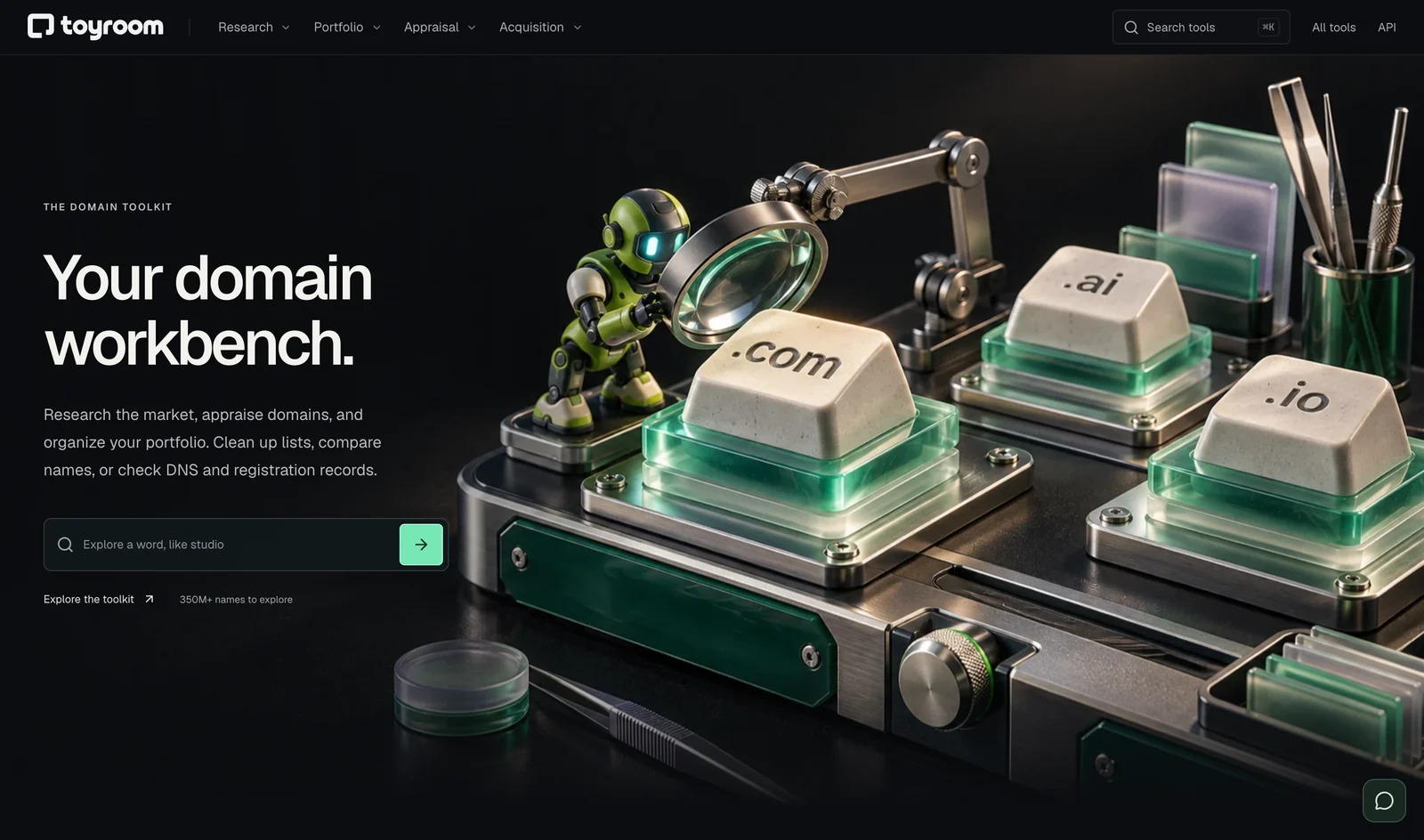 ToyRoom homepage with its domain-workbench search and miniature robot scene
